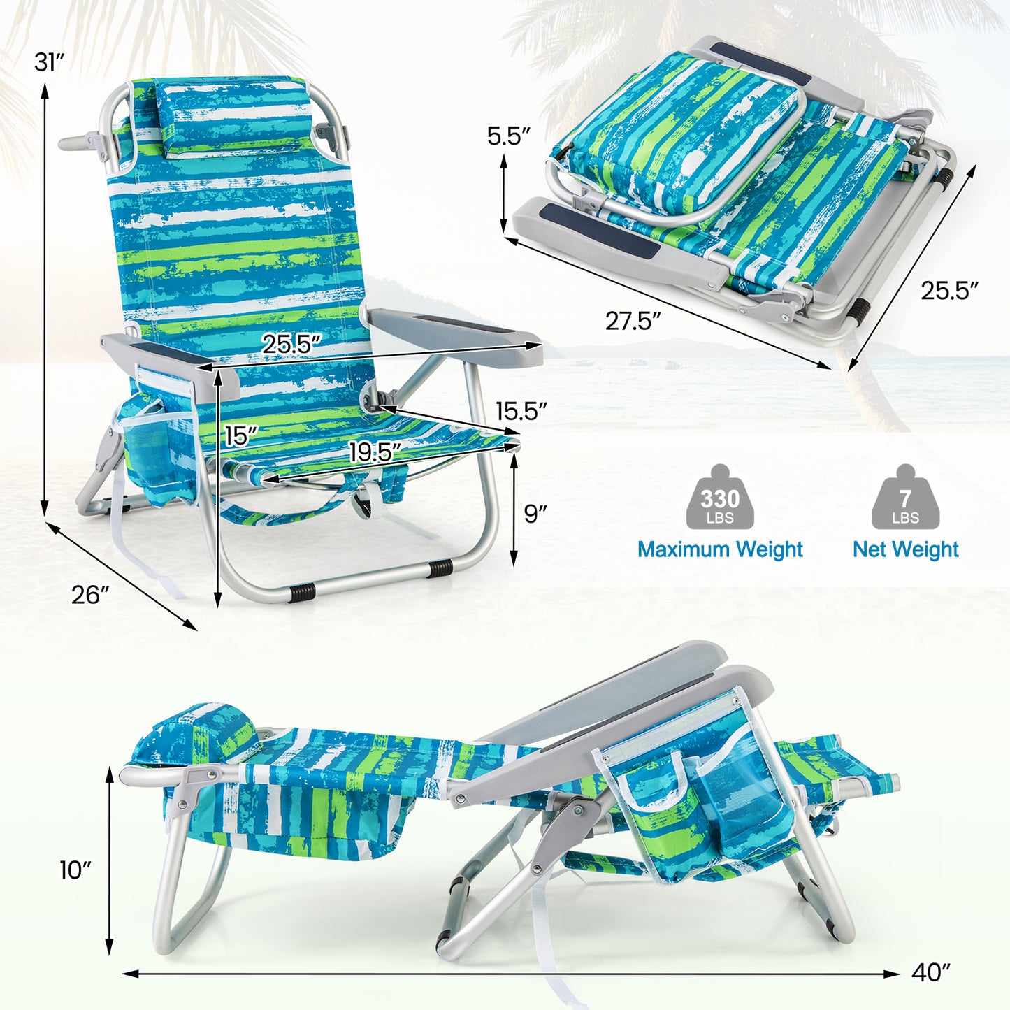 Foldable Beach Chair Set of 2 with Cup Holder & Storage