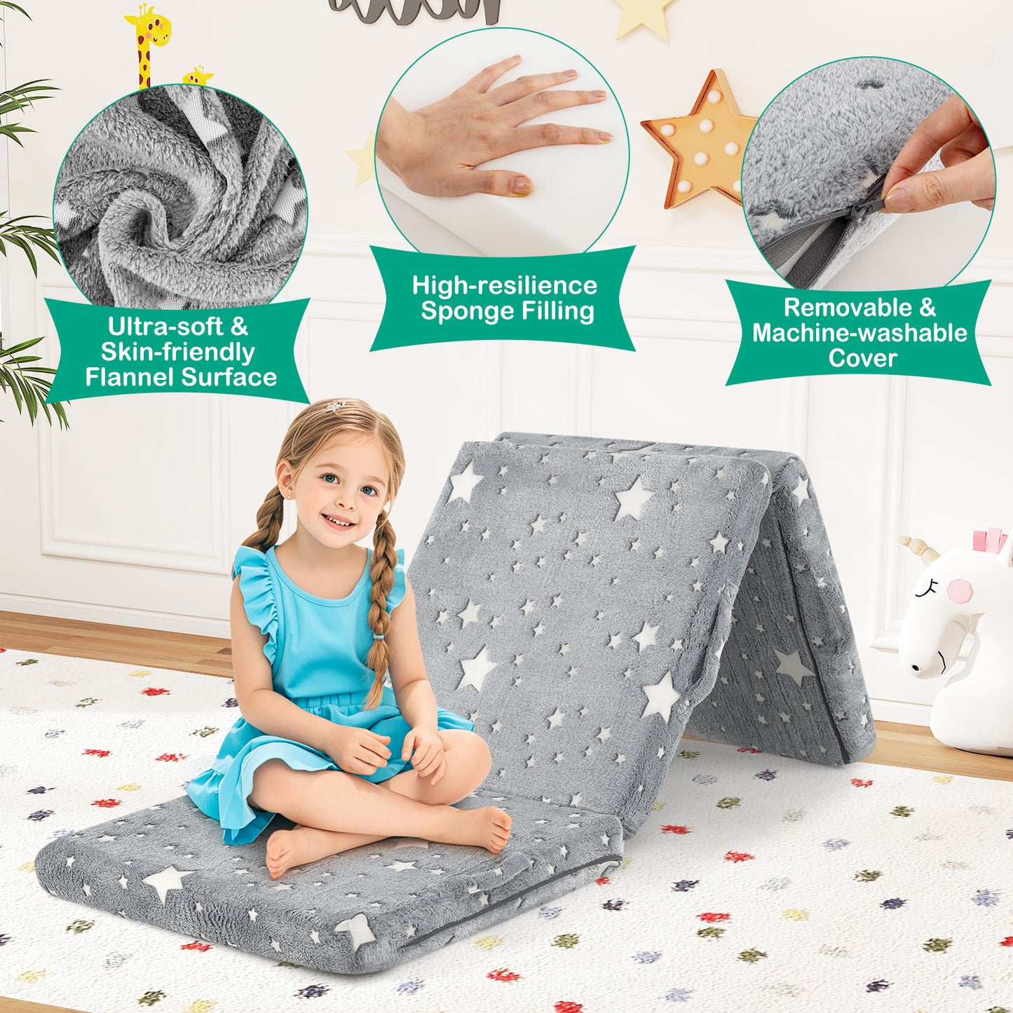 Foldable Floor Mattress for Kids with Washable Cover