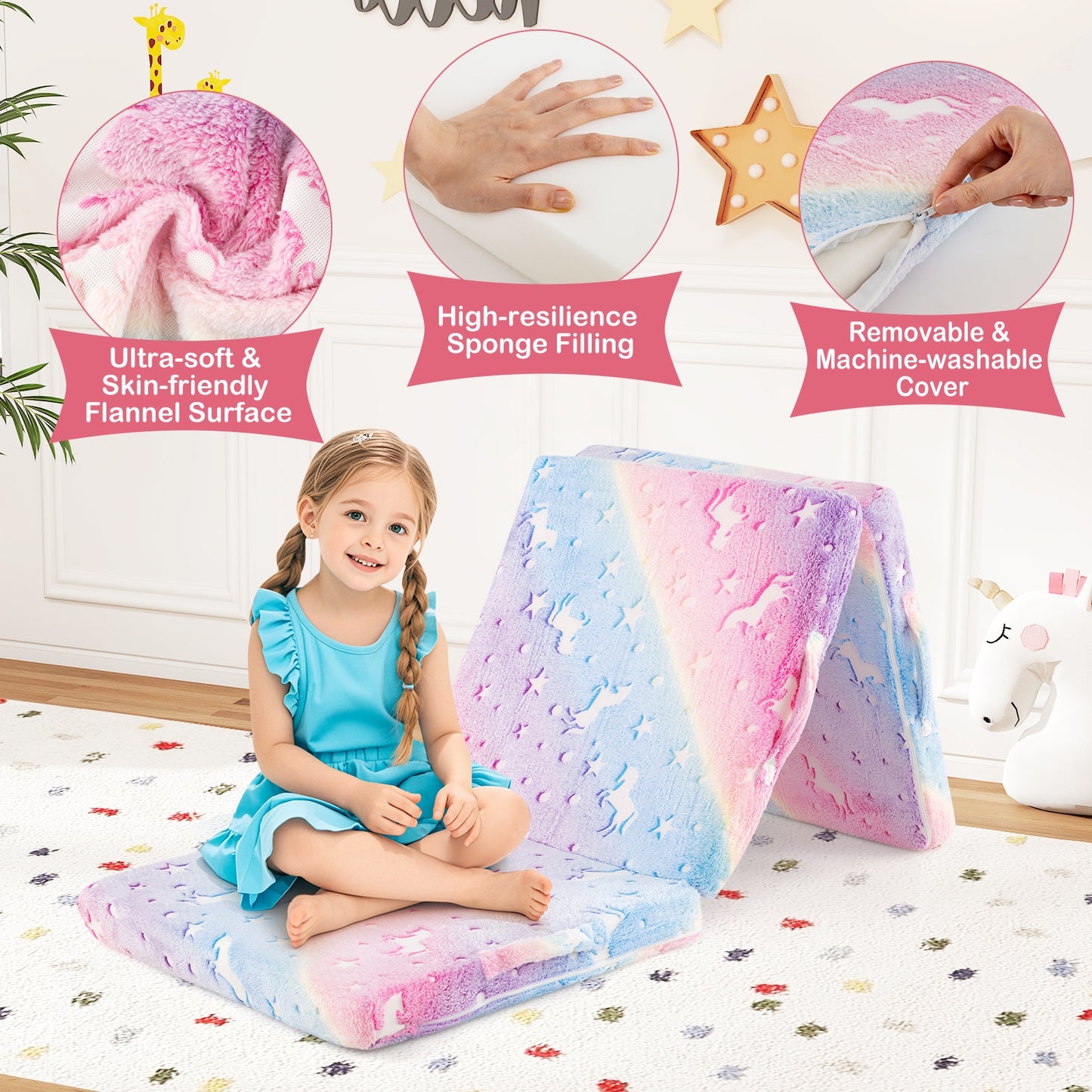 Foldable Floor Mattress for Kids with Washable Cover