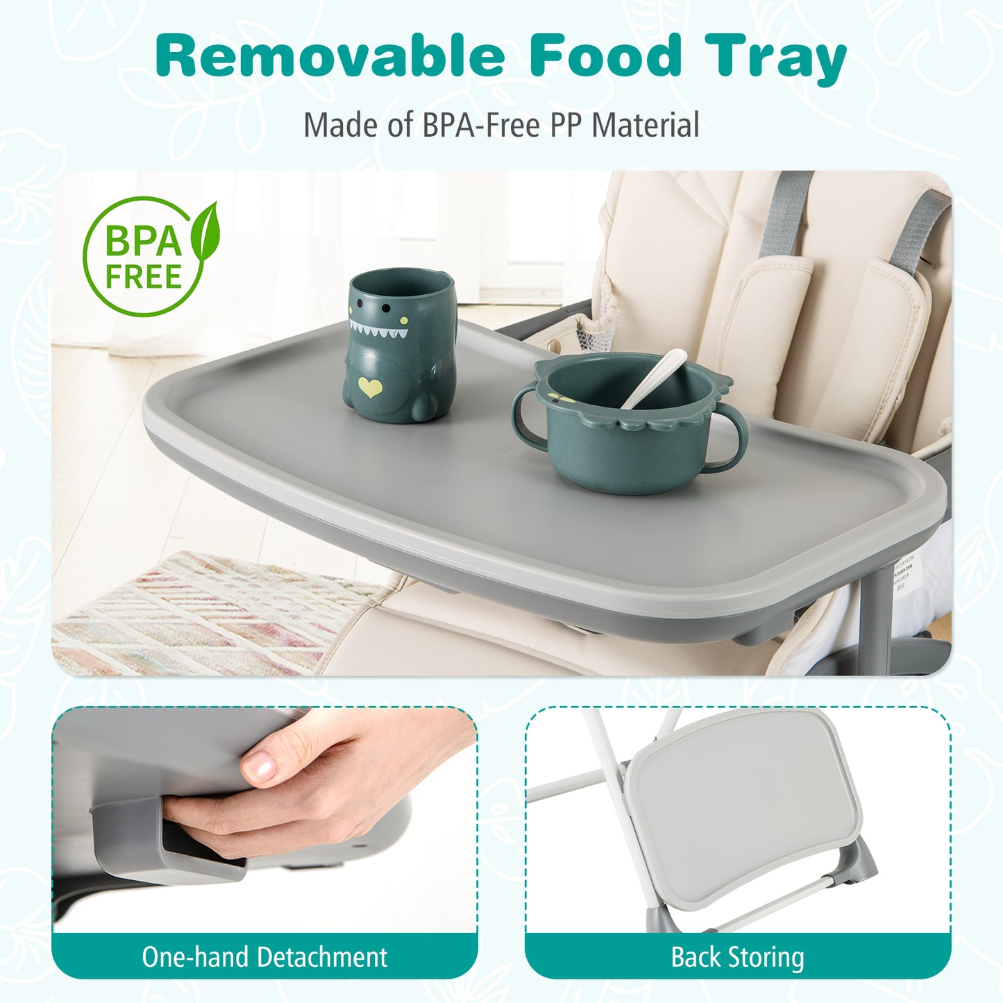 Foldable High Chair with Adjustable Height and Detachable Tray