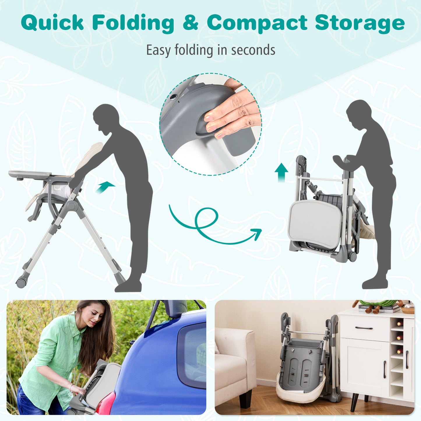 Foldable High Chair with Adjustable Height and Detachable Tray
