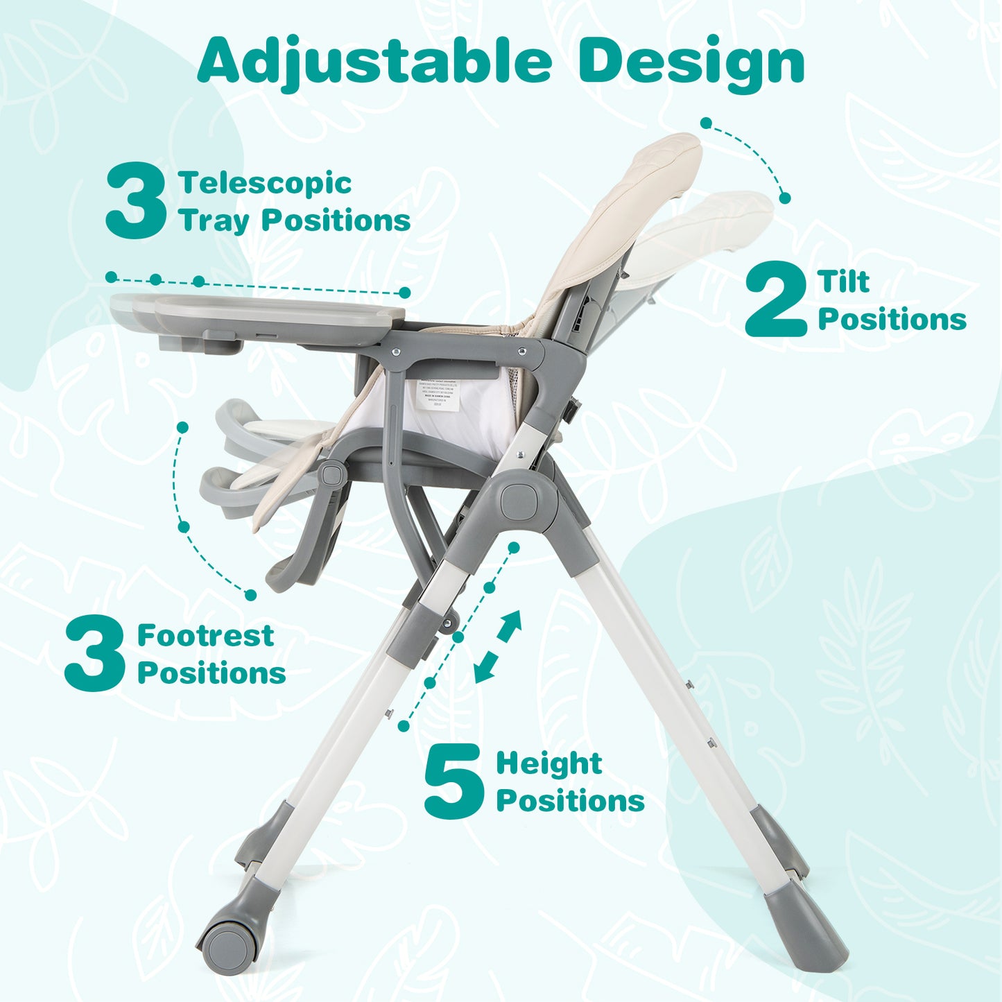 Foldable High Chair with Adjustable Height and Detachable Tray