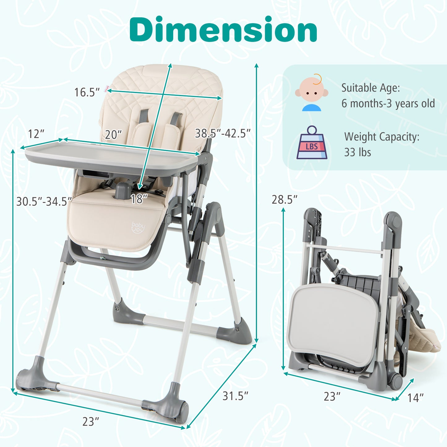 Foldable High Chair with Adjustable Height and Detachable Tray