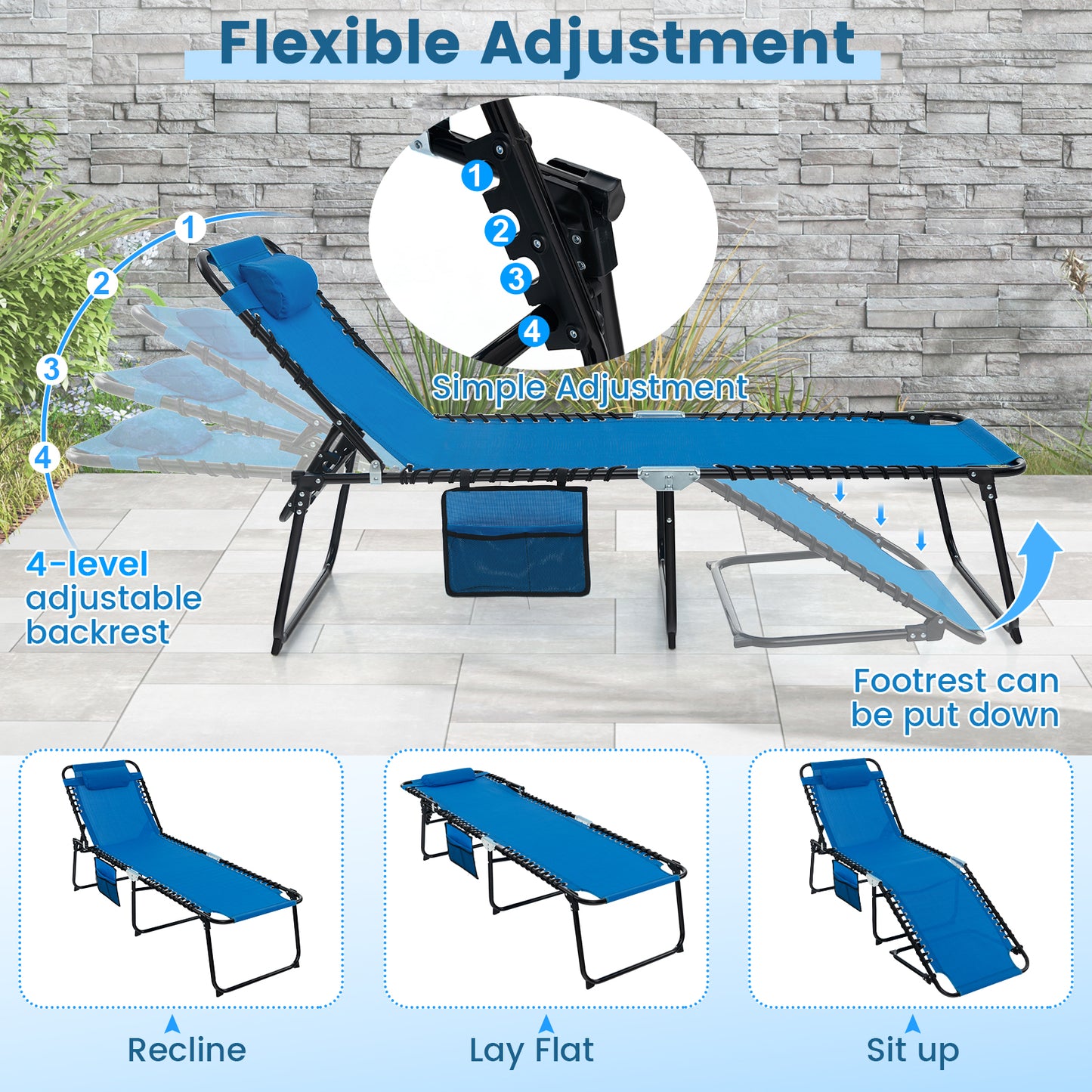 Adjustable Folding Lounge Chair with Footrest - 265 lb Capacity