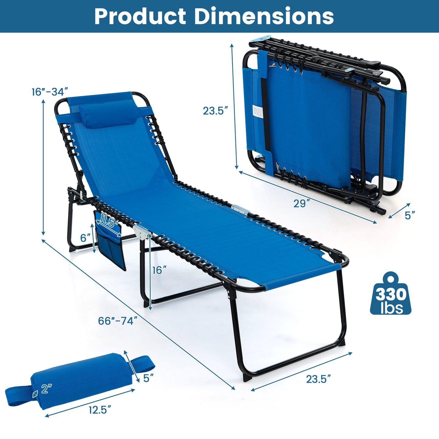 Adjustable Folding Lounge Chair with Footrest - 265 lb Capacity