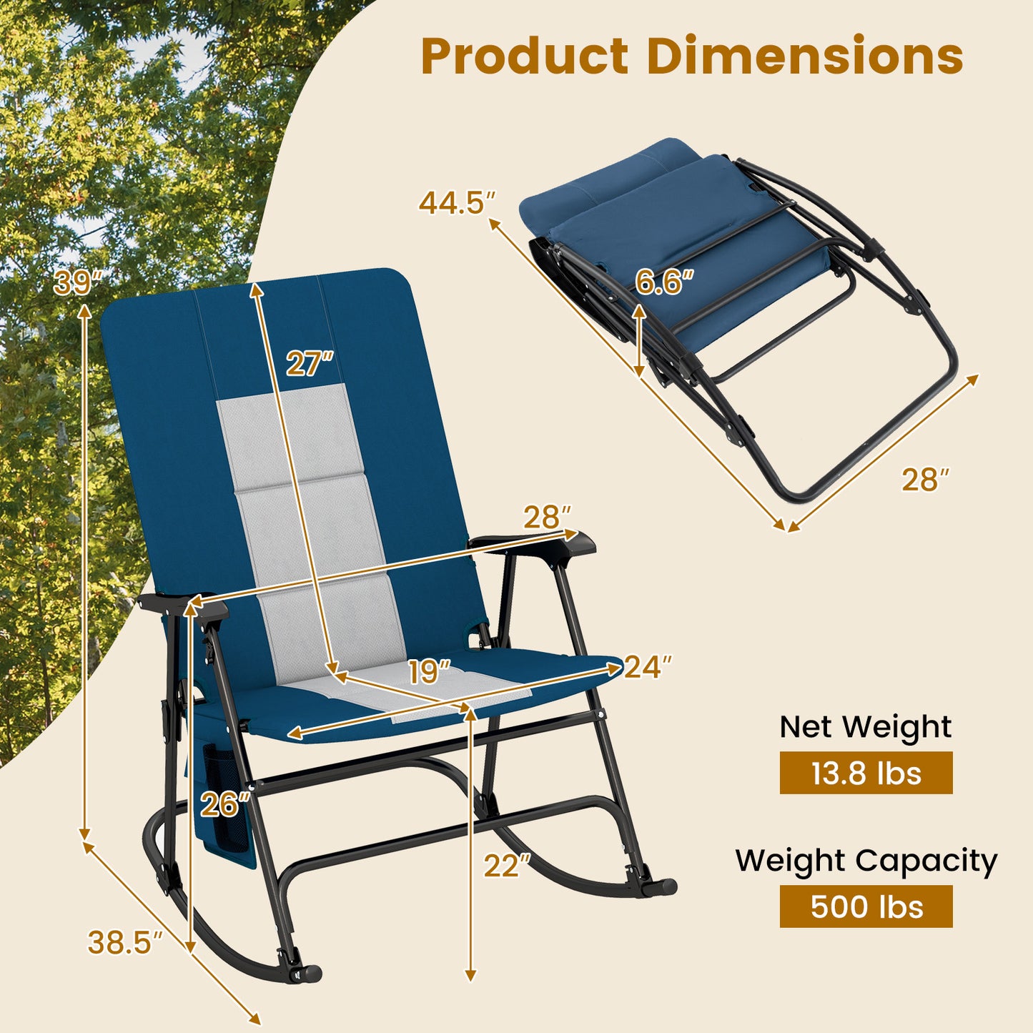 Foldable Rocking Camping Chair with 500 lbs Capacity