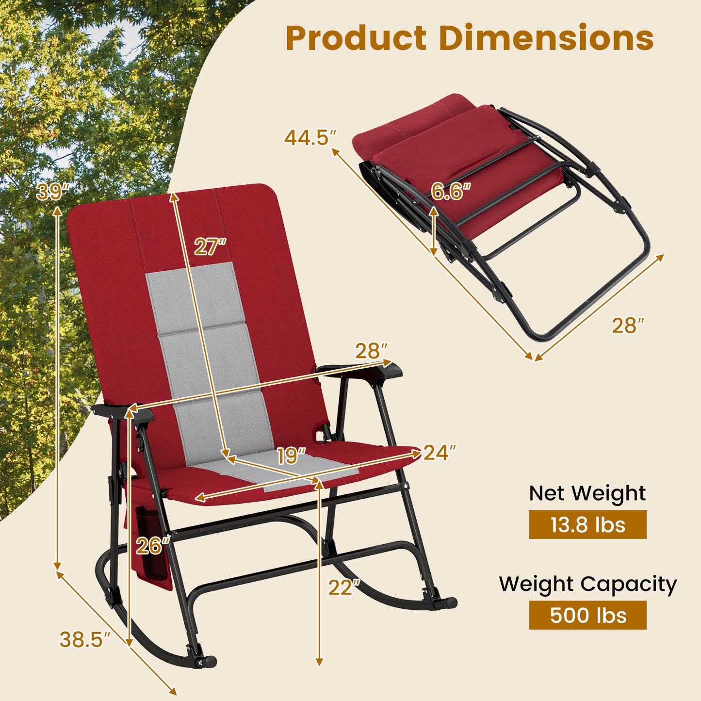 Foldable Rocking Camping Chair with 500 lbs Capacity
