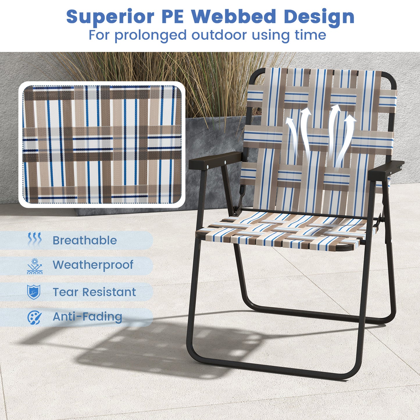 Folding Beach Chair with Steel Frame - Set of 4