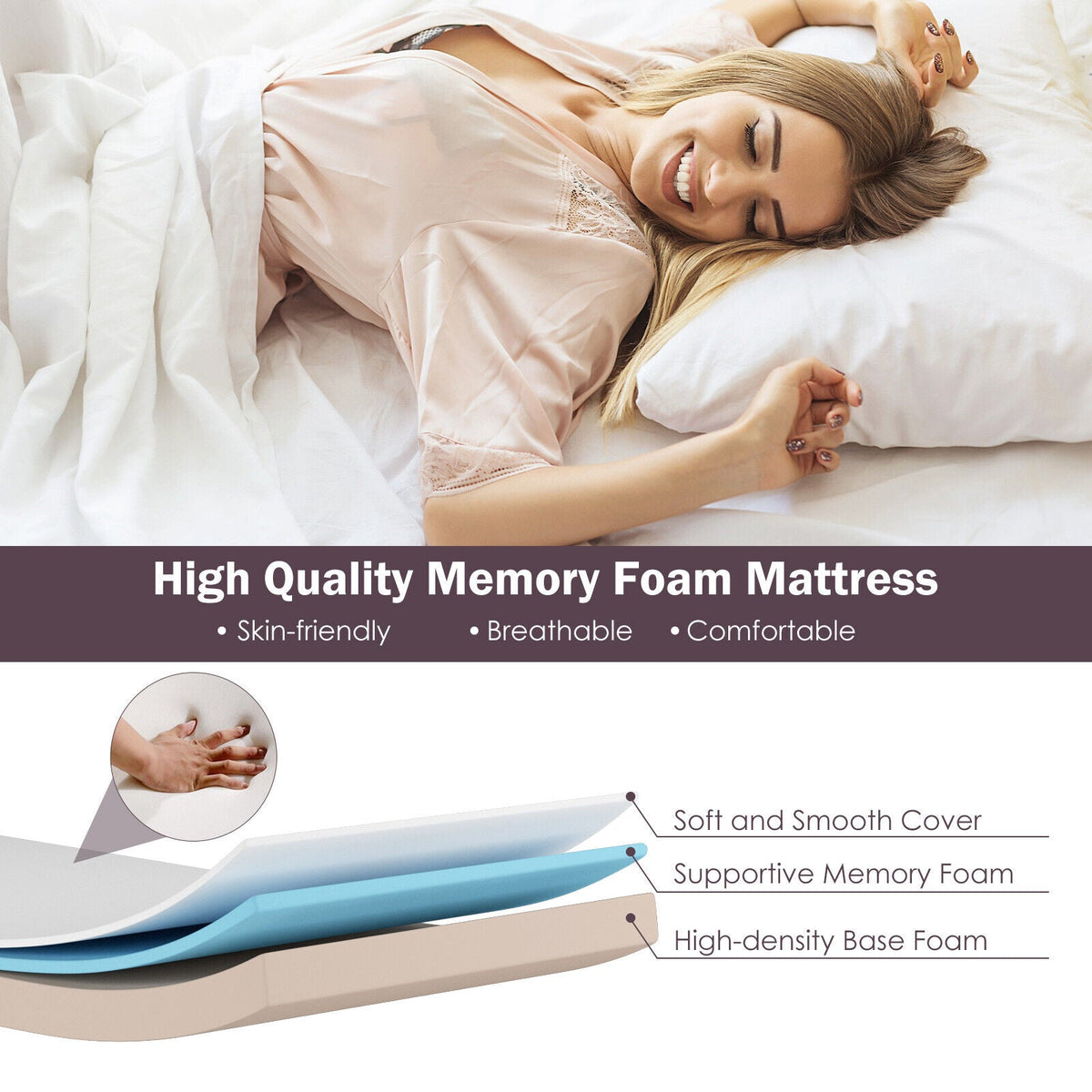 Rollaway Folding Bed with Memory Foam Mattress and Dust-Proof Bag Made in Italy