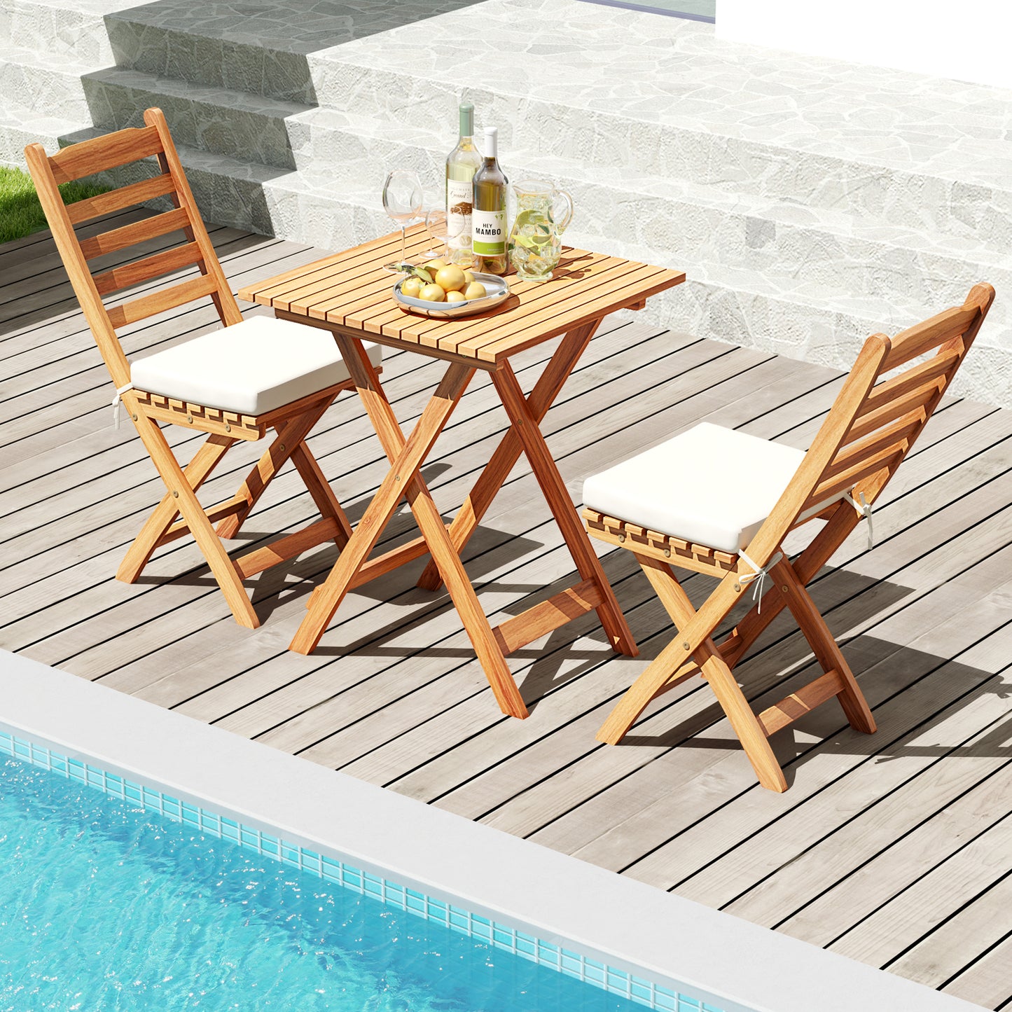 Folding Patio Conversation Set with Cushions - 3 Piece