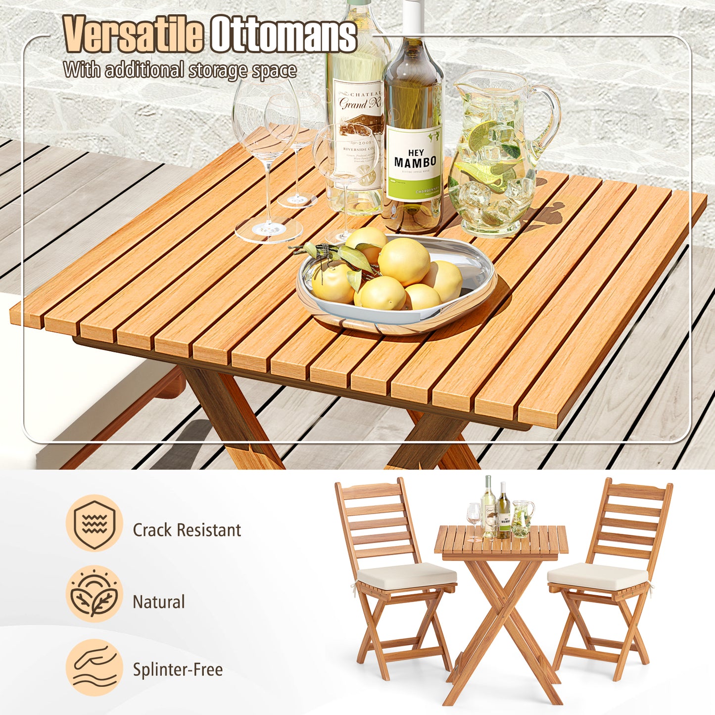 Folding Patio Conversation Set with Cushions - 3 Piece