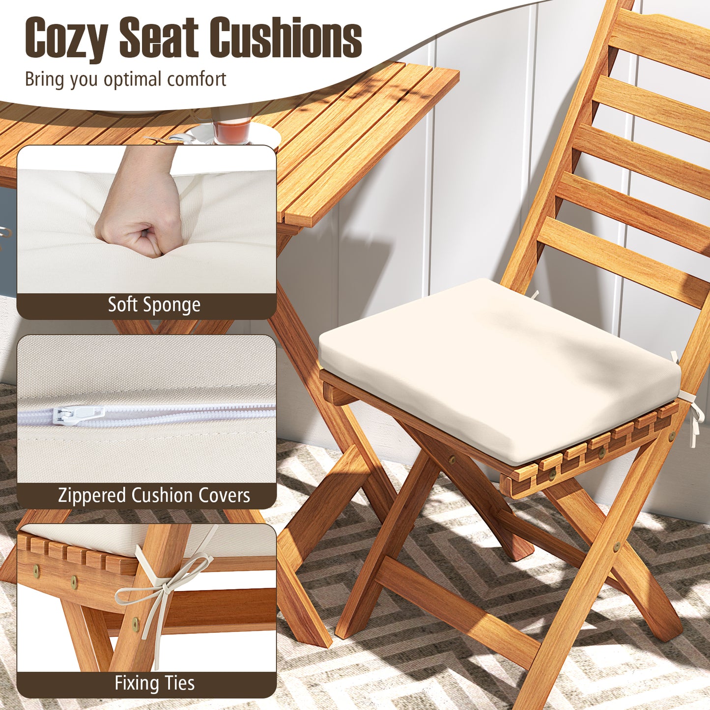 Folding Patio Conversation Set with Cushions - 3 Piece