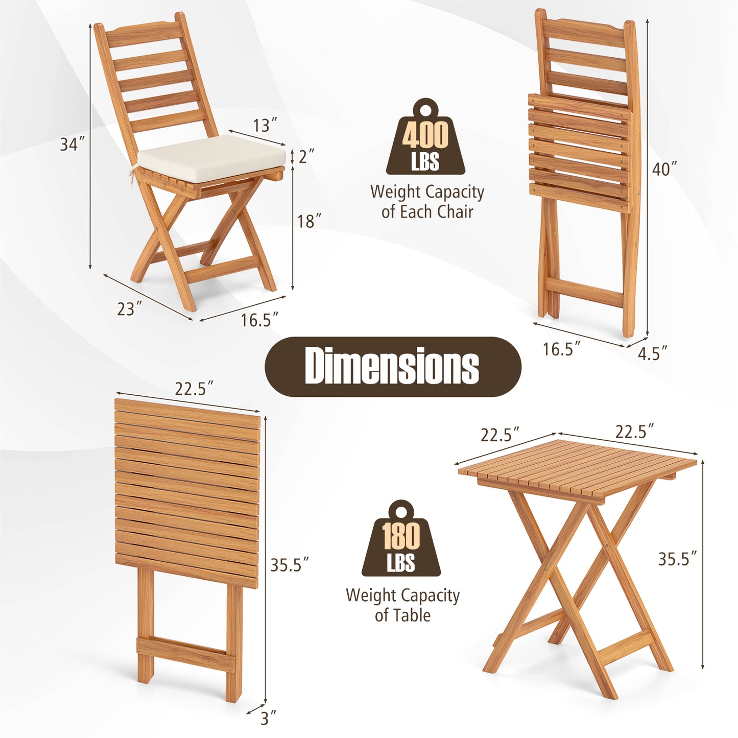 Folding Patio Conversation Set with Cushions - 3 Piece
