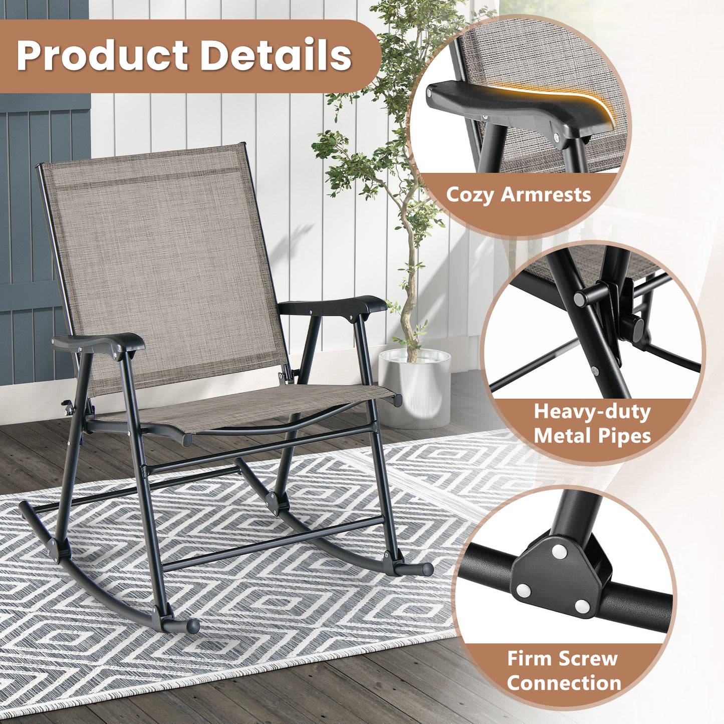 Folding Rocking Chair Set of 2 with Breathable Fabric
