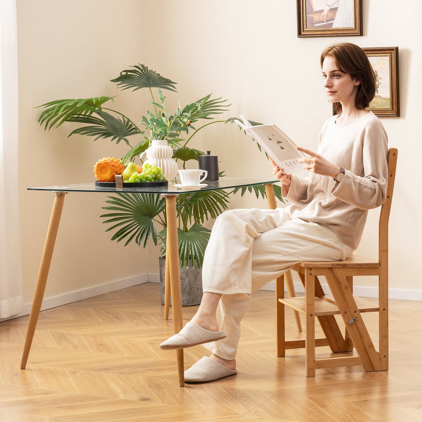 3-in-1 Bamboo Folding Ladder Chair with Plant Stand