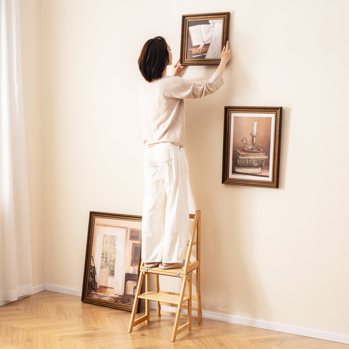3-in-1 Bamboo Folding Ladder Chair with Plant Stand