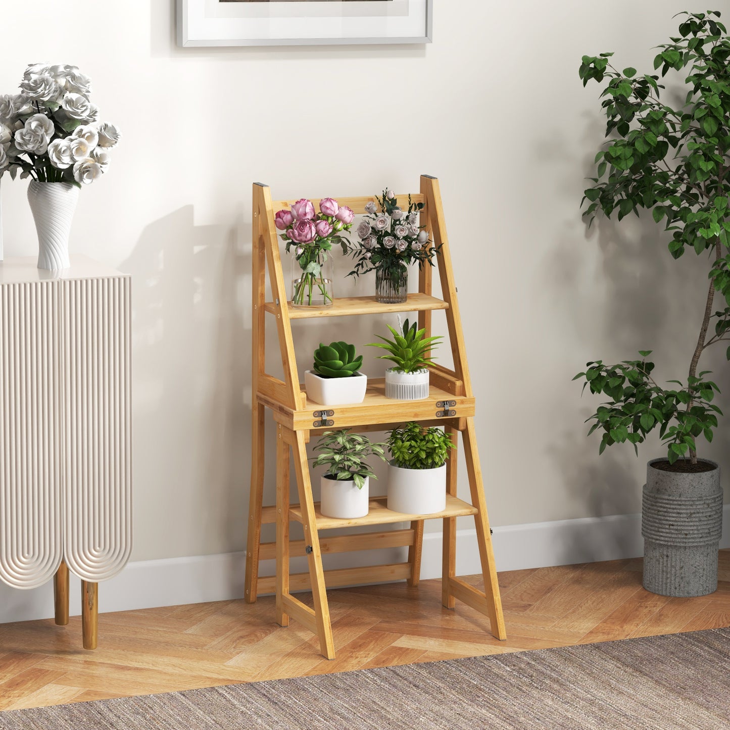 3-in-1 Bamboo Folding Ladder Chair with Plant Stand