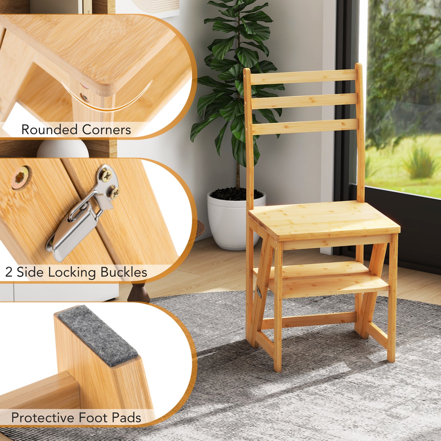 3-in-1 Bamboo Folding Ladder Chair with Plant Stand