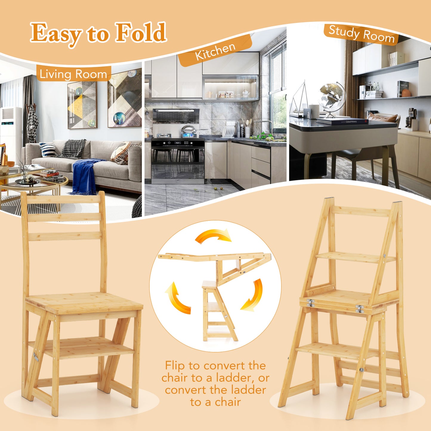 3-in-1 Bamboo Folding Ladder Chair with Plant Stand