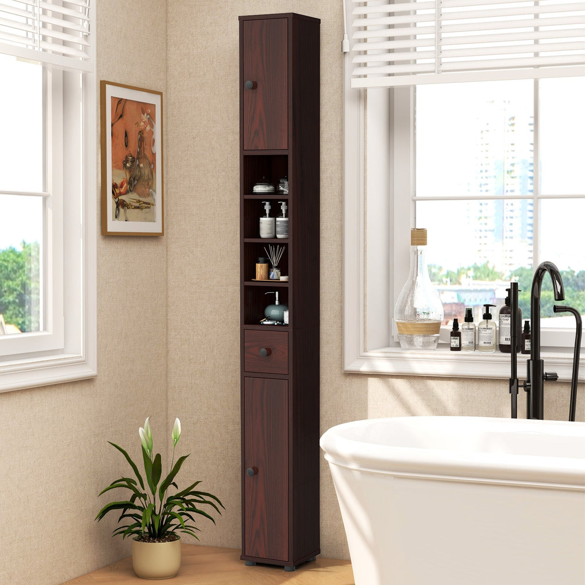 Freestanding Slim Bathroom Cabinet with Drawer and Adjustable Shelves