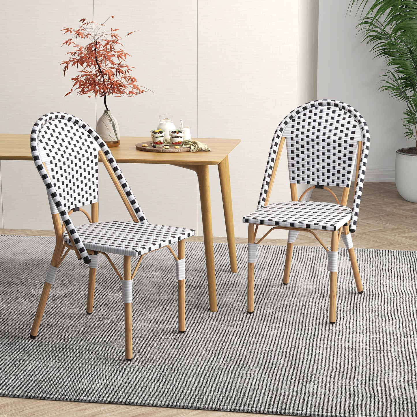 Bistro Dining Chairs Set of 2 - Woven Rattan & Metal Frame