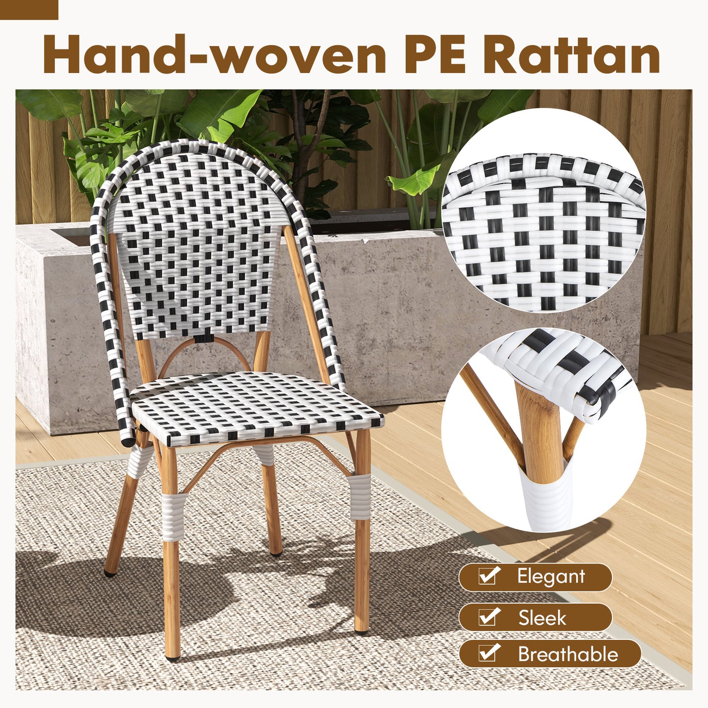 Bistro Dining Chairs Set of 2 - Woven Rattan & Metal Frame