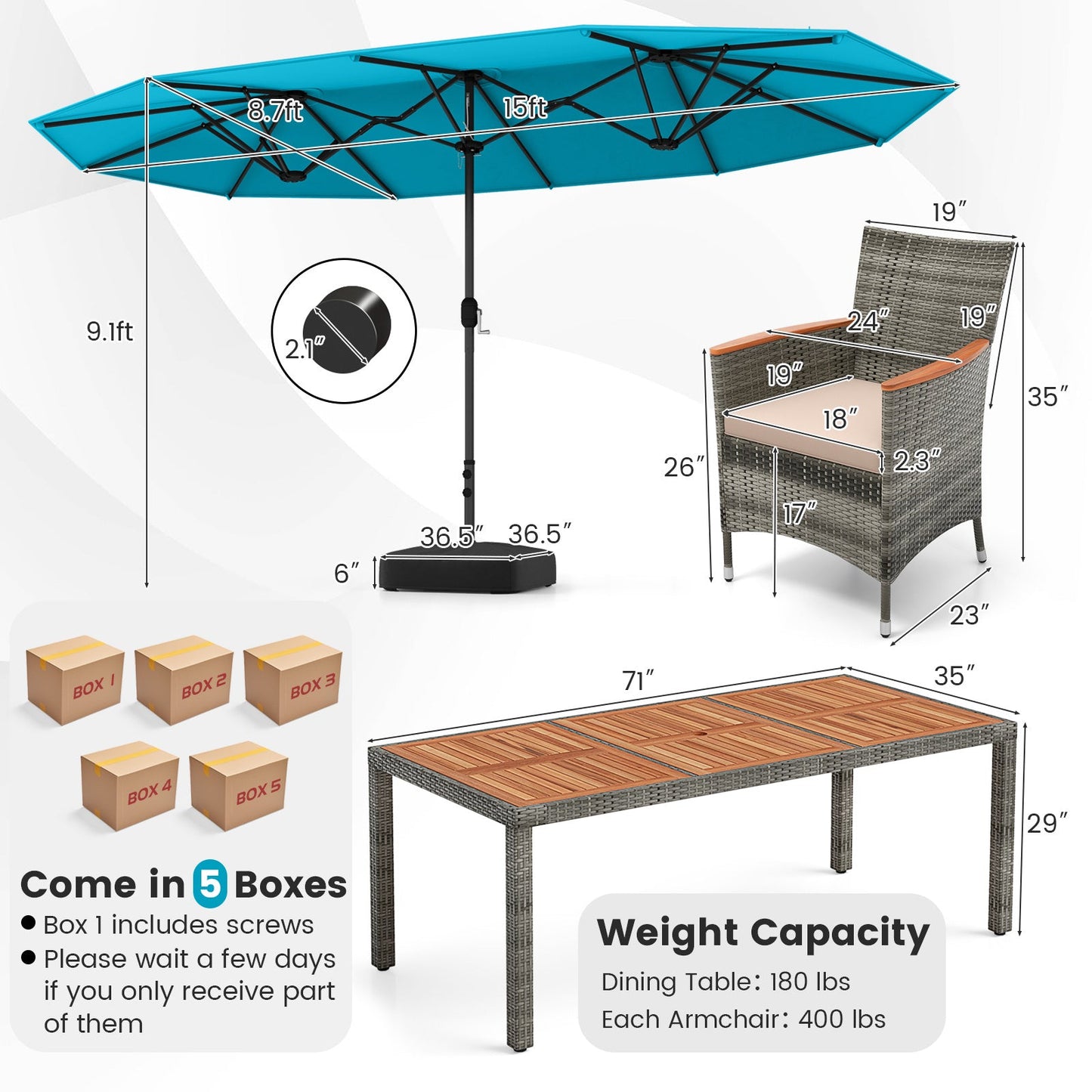 10 Pieces Patio Wicker Dining Set with 15 Feet Double-Sided Patio Umbrella