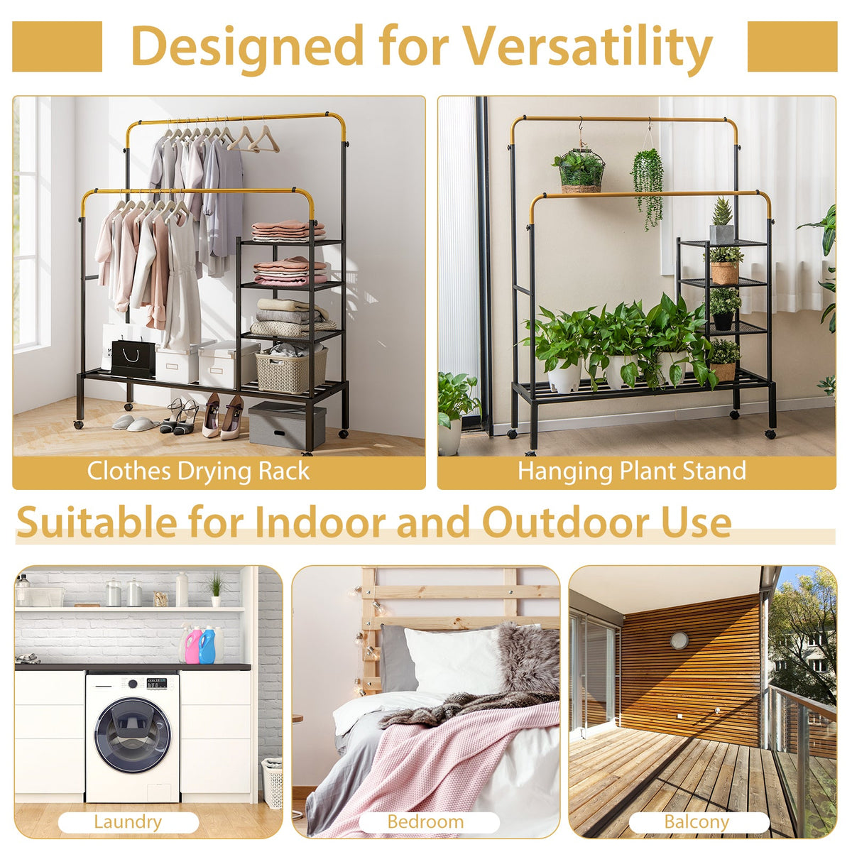 Rolling Double Rods Garment Rack with Height Adjustable Hanging Bars