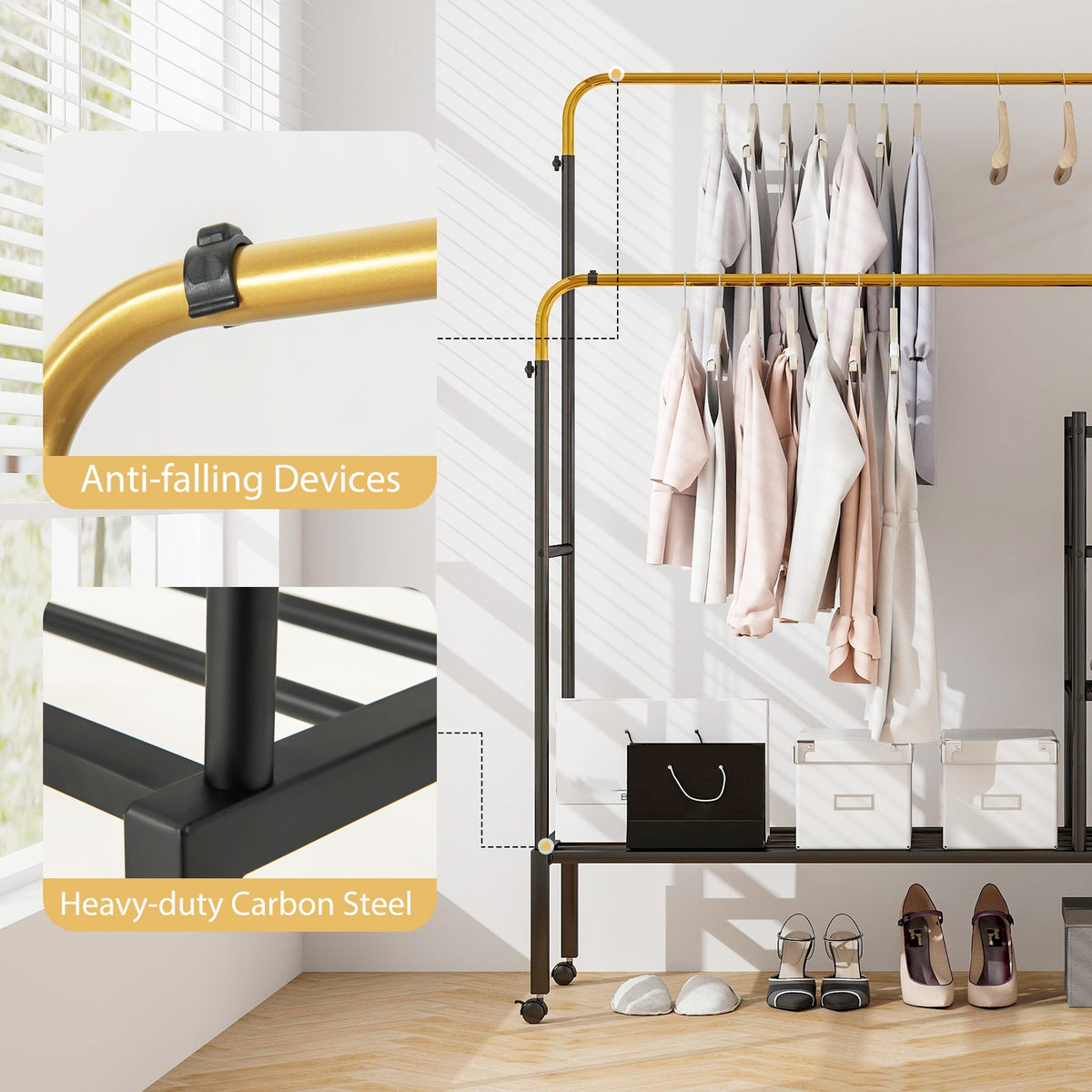 Rolling Double Rods Garment Rack with Height Adjustable Hanging Bars