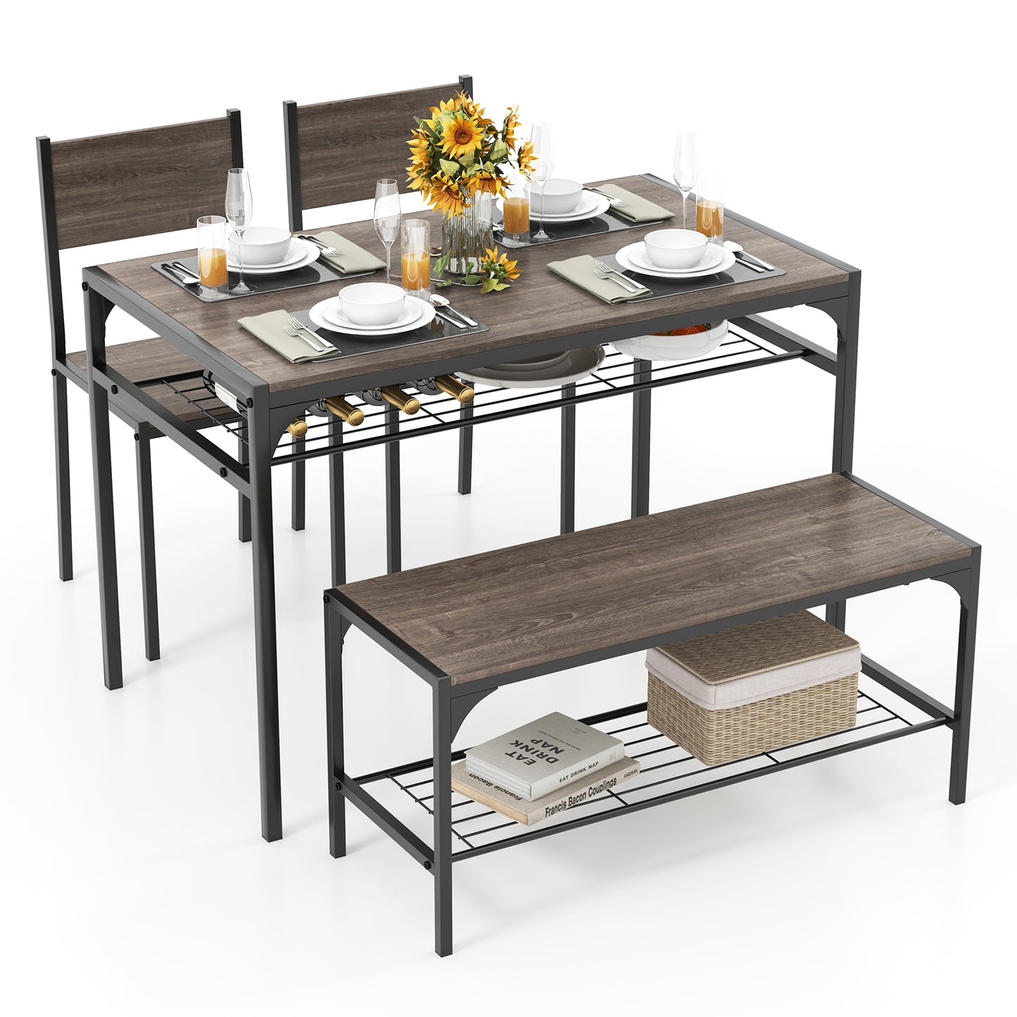 Rectangular Dining Table Set with Bench and 2 Chairs