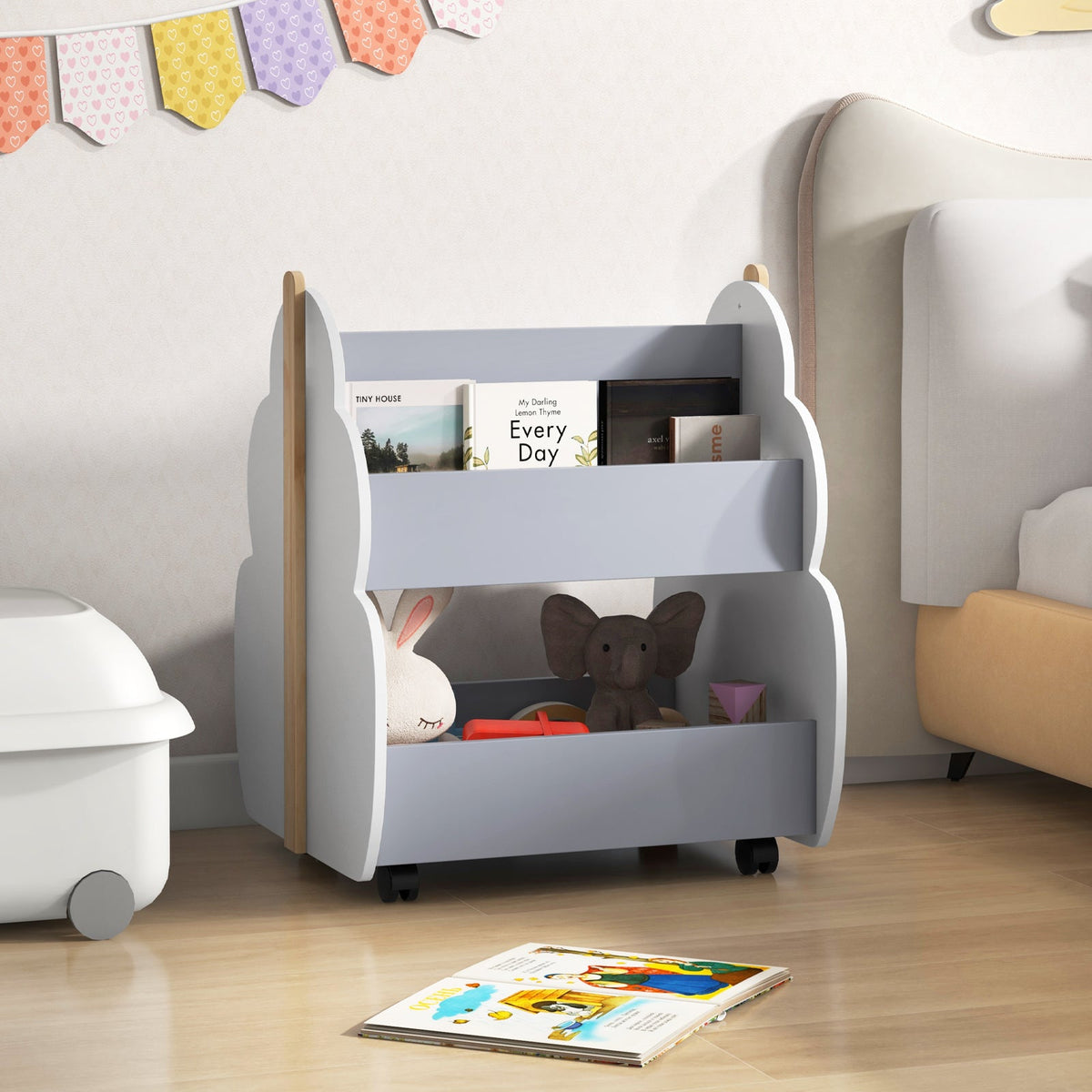 Kids Wooden Bookshelf with Universal Wheels