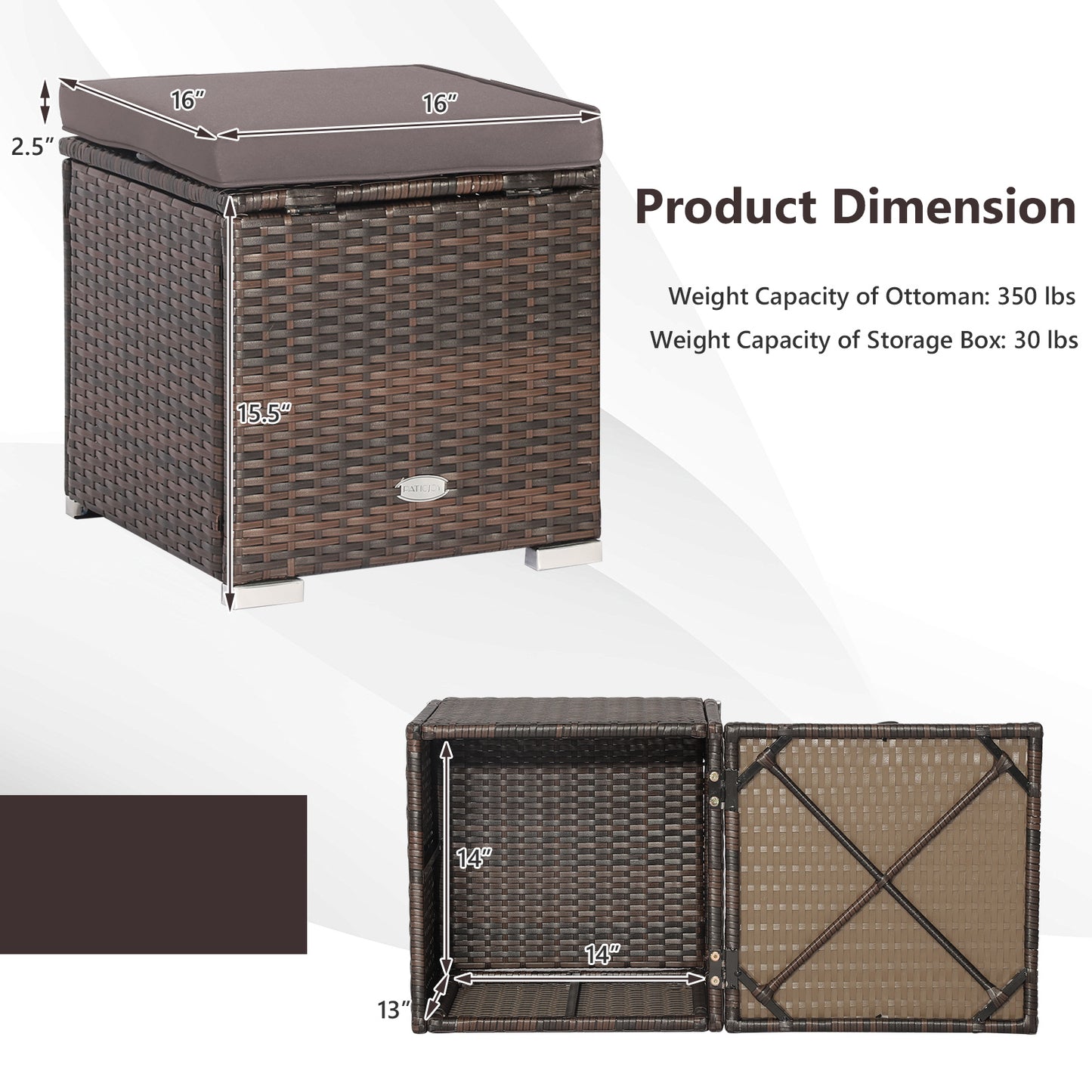 Patio Ottoman Set with Removable Cushions & Storage (2-Piece)