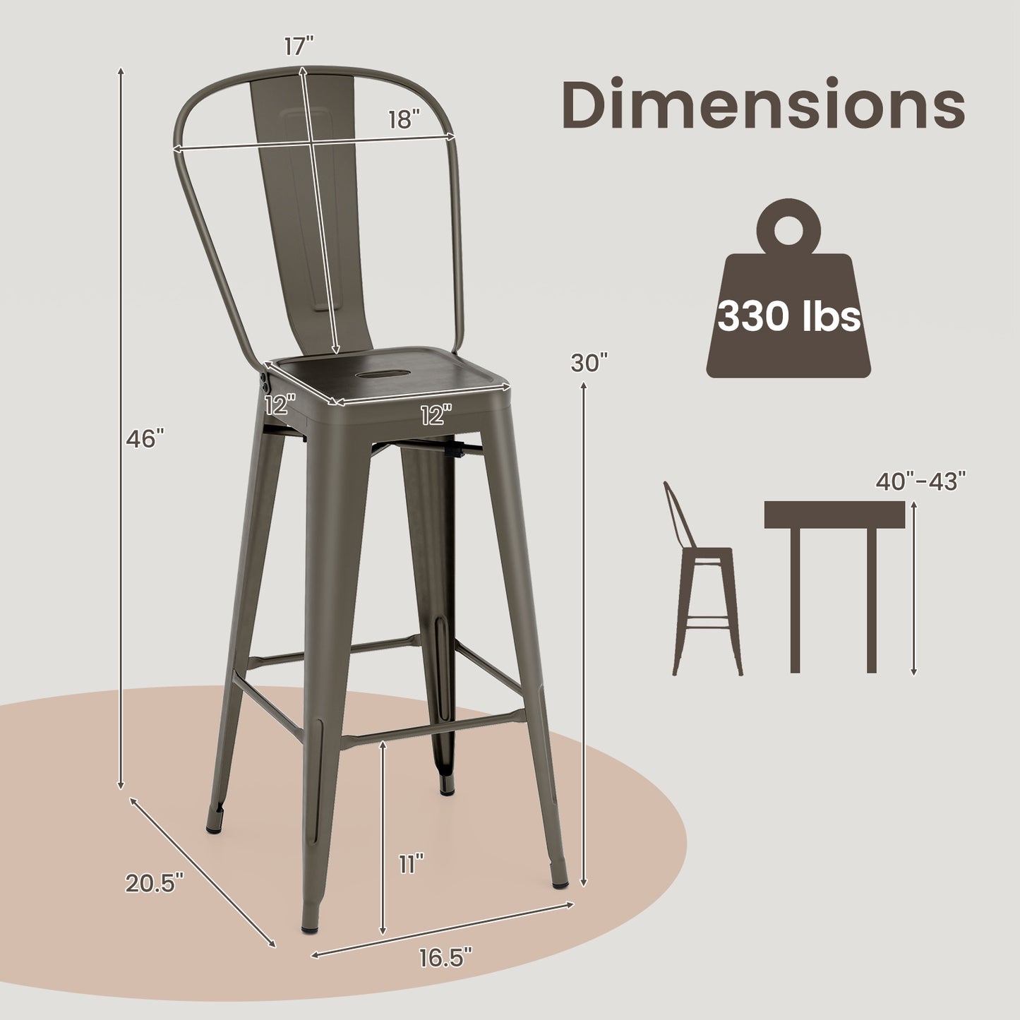 Stackable Metal Bar Stools Set of 4 with Removable Backrest