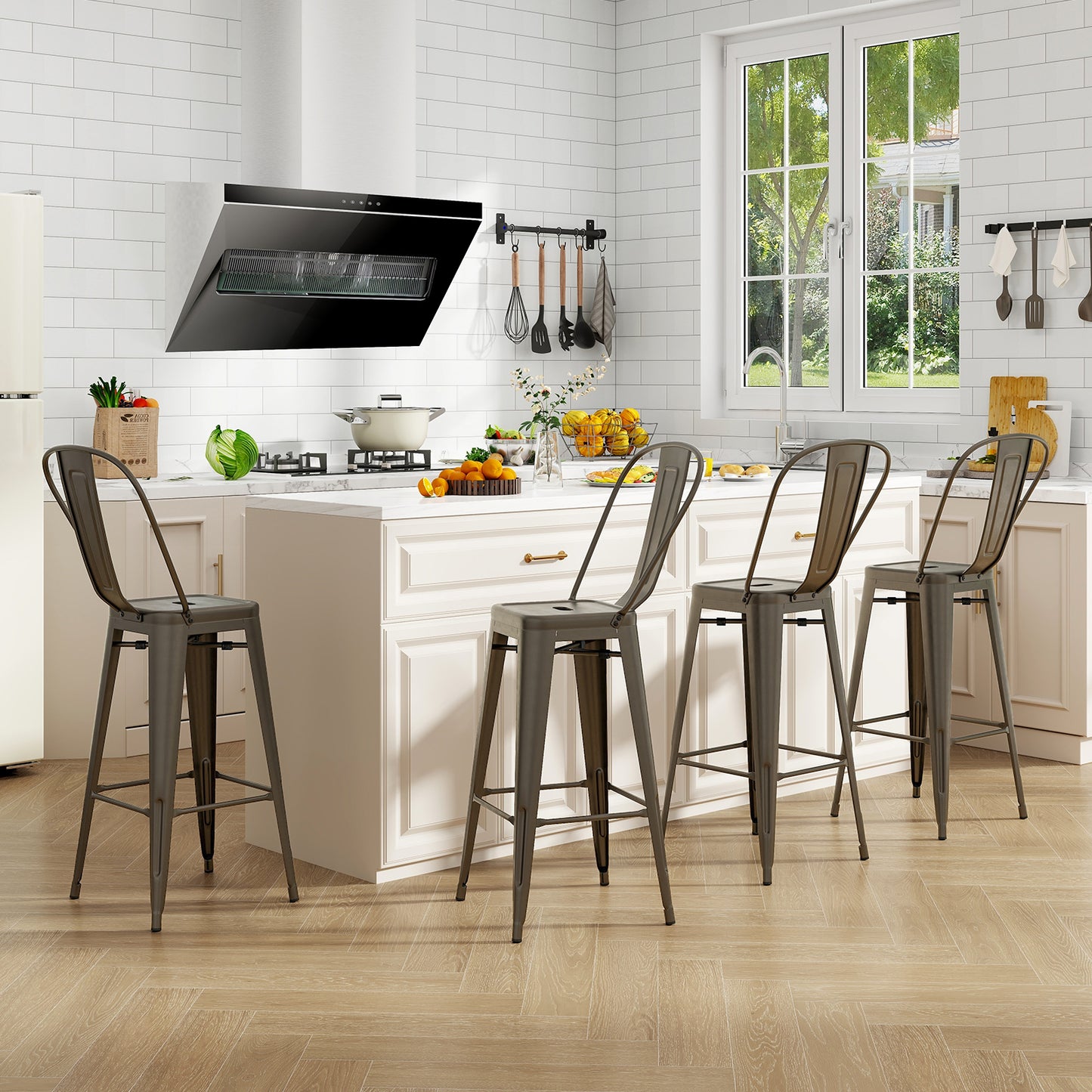 Stackable Metal Bar Stools Set of 4 with Removable Backrest