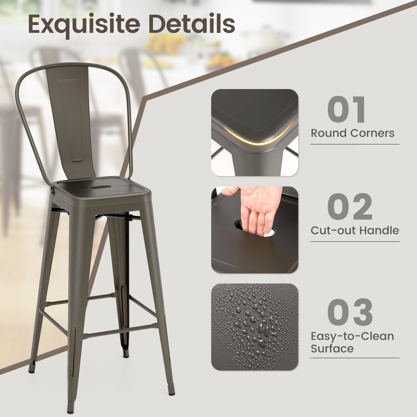 Stackable Metal Bar Stools Set of 4 with Removable Backrest