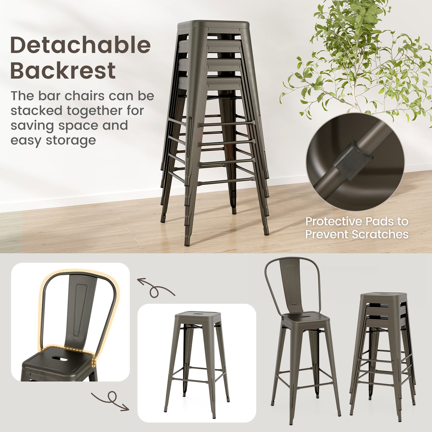Stackable Metal Bar Stools Set of 4 with Removable Backrest
