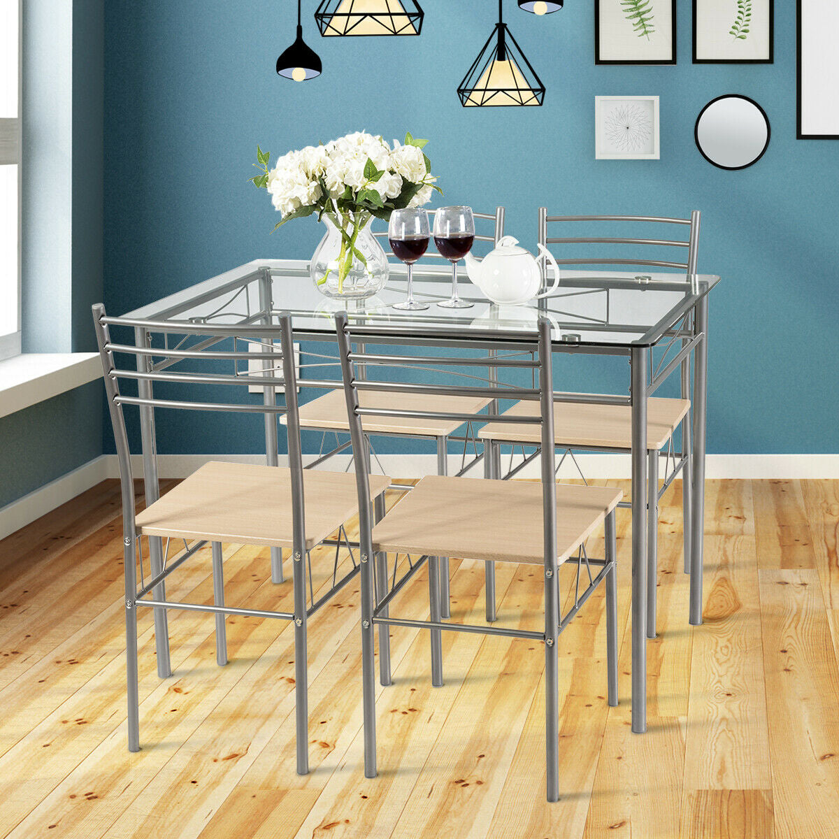 5-Piece Glass Dining Set with 4 Chairs
