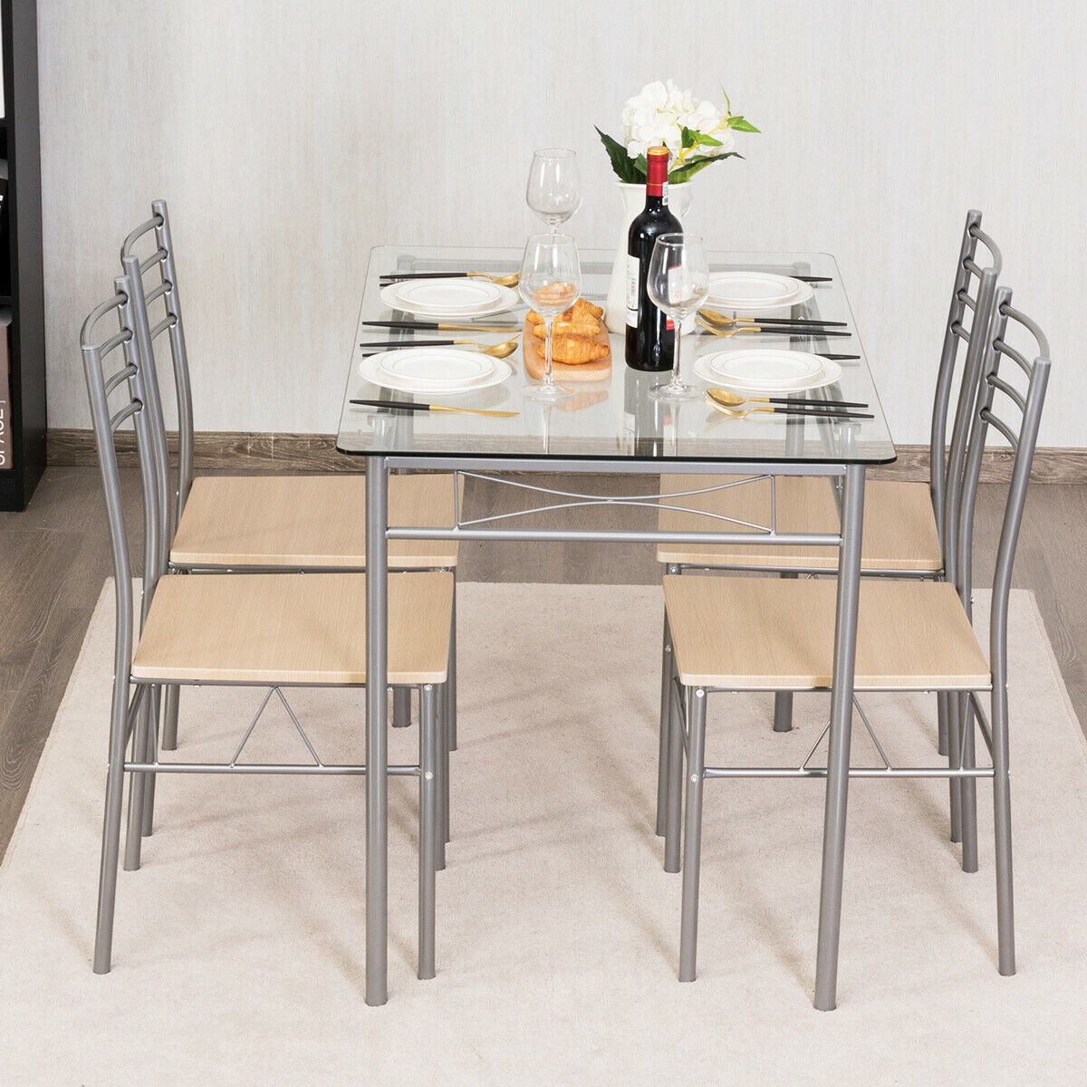 5-Piece Glass Dining Set with 4 Chairs