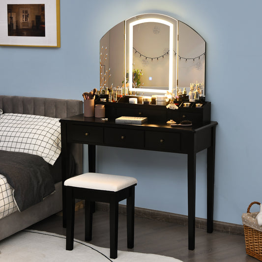Tri-Fold Lighted Makeup Vanity Table with Stool Set