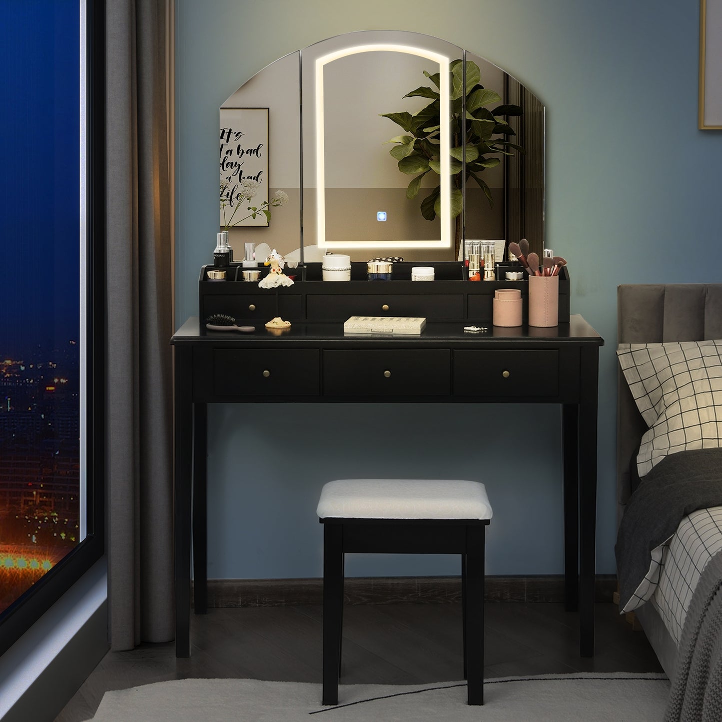 Tri-Fold Lighted Makeup Vanity Table with Stool Set