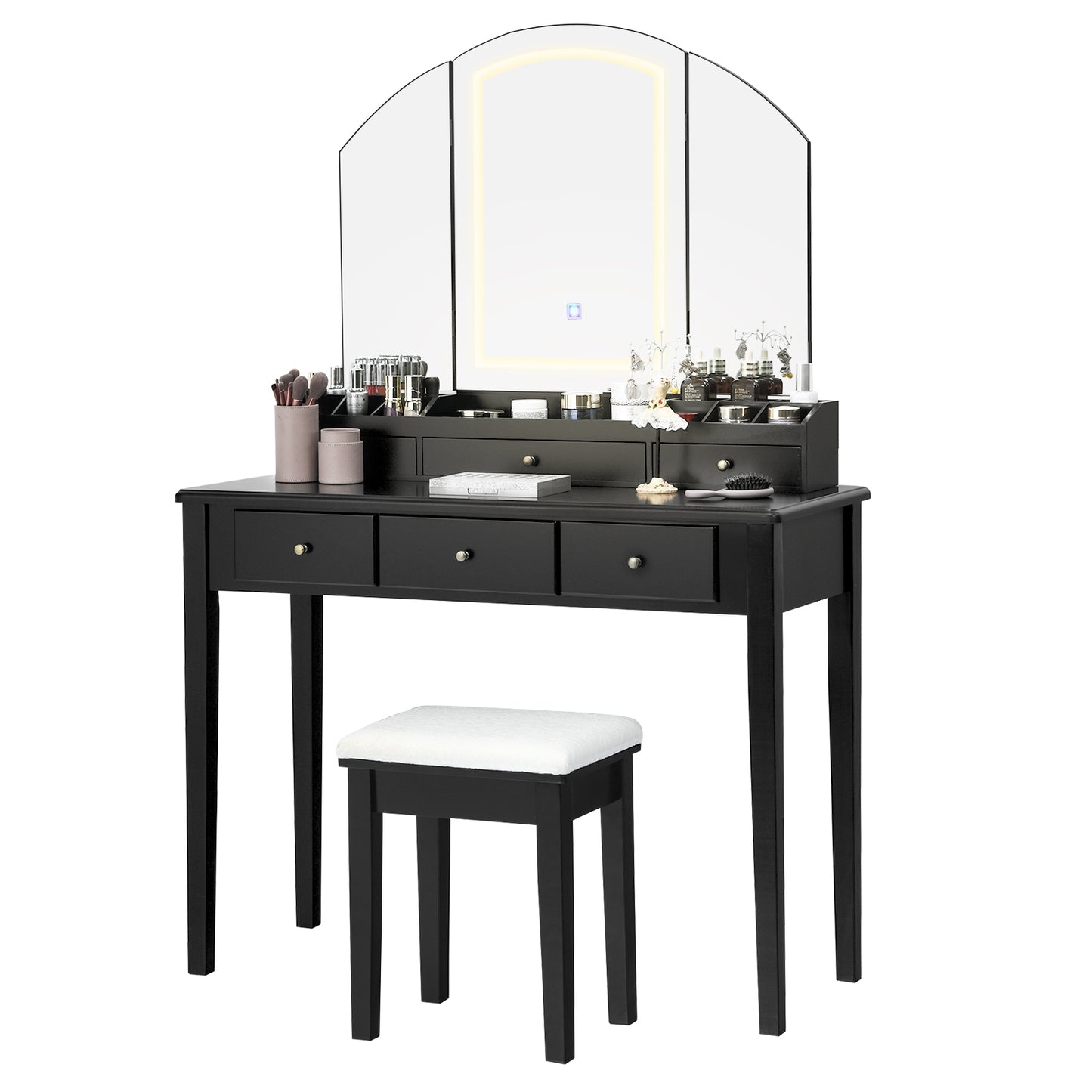 Tri-Fold Lighted Makeup Vanity Table with Stool Set
