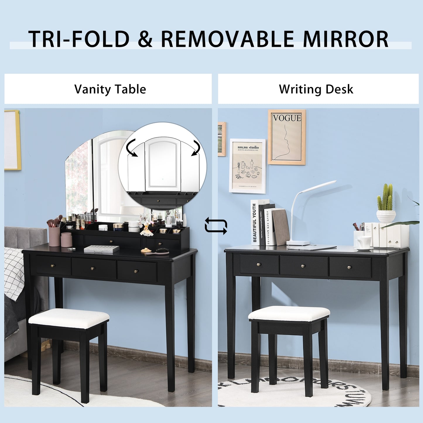 Tri-Fold Lighted Makeup Vanity Table with Stool Set