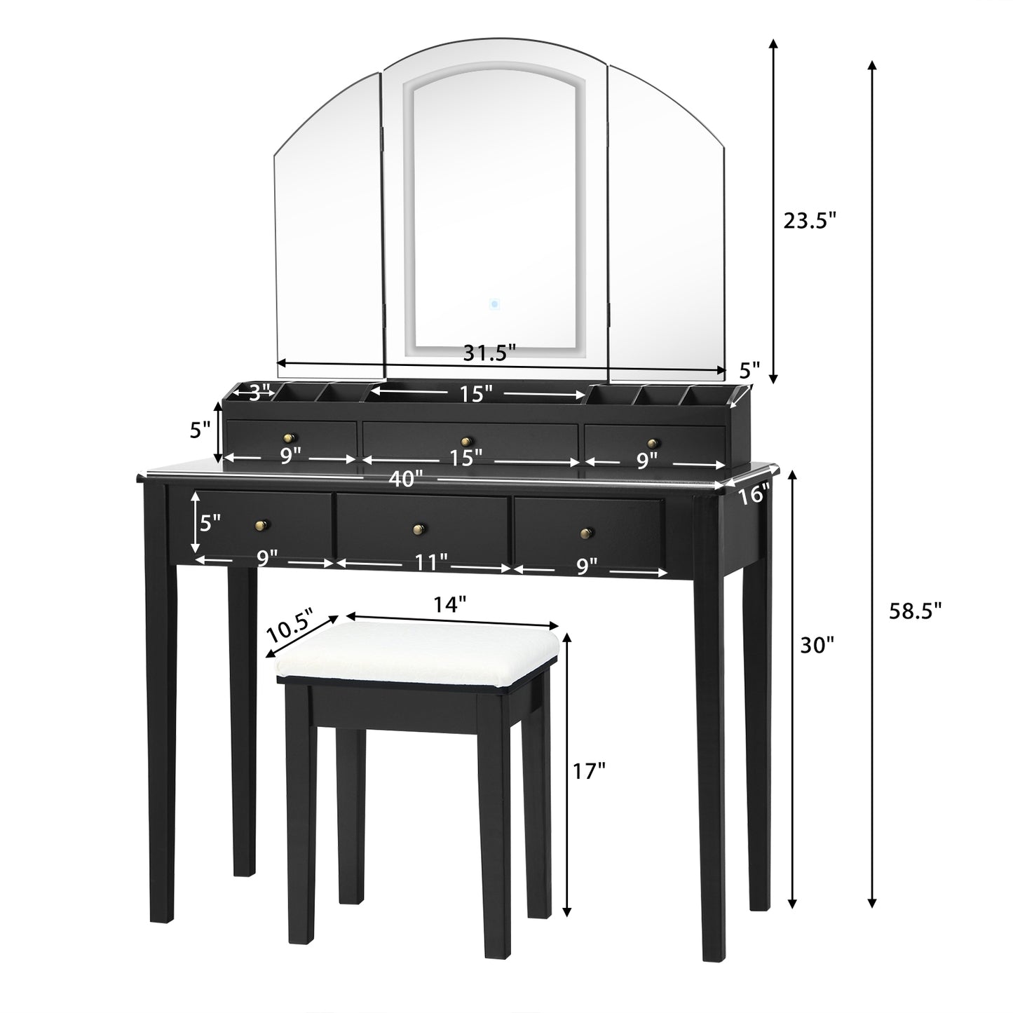 Tri-Fold Lighted Makeup Vanity Table with Stool Set
