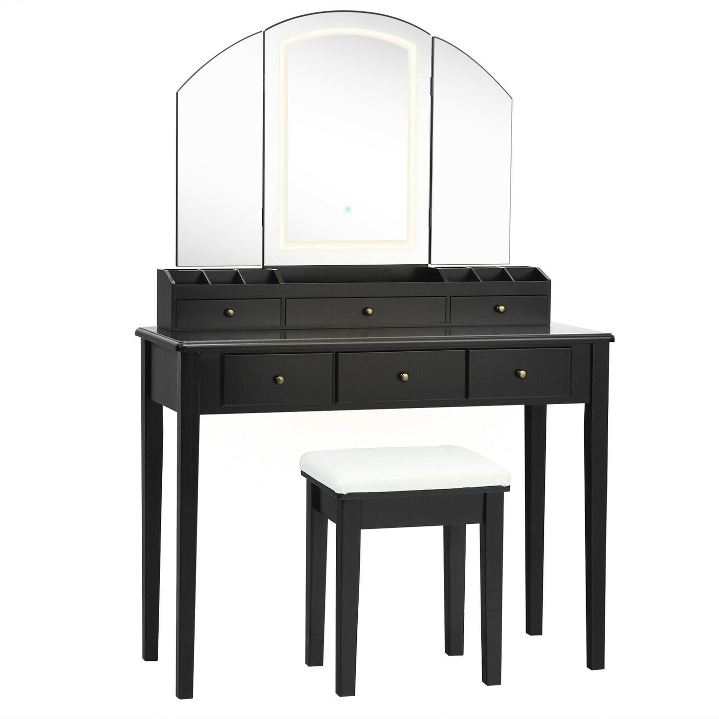 Tri-Fold Lighted Makeup Vanity Table with Stool Set