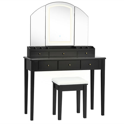 Tri-Fold Lighted Makeup Vanity Table with Stool Set
