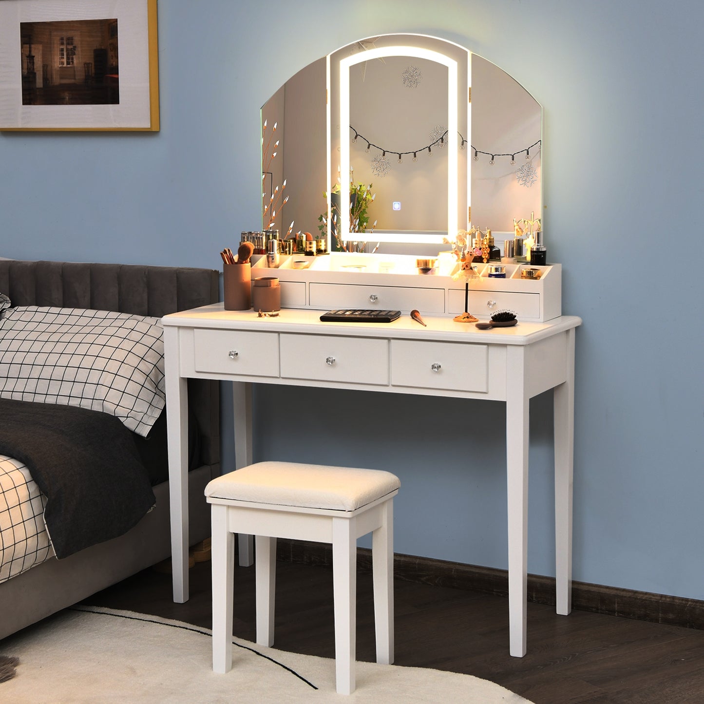 Tri-Fold Lighted Makeup Vanity Table with Stool Set