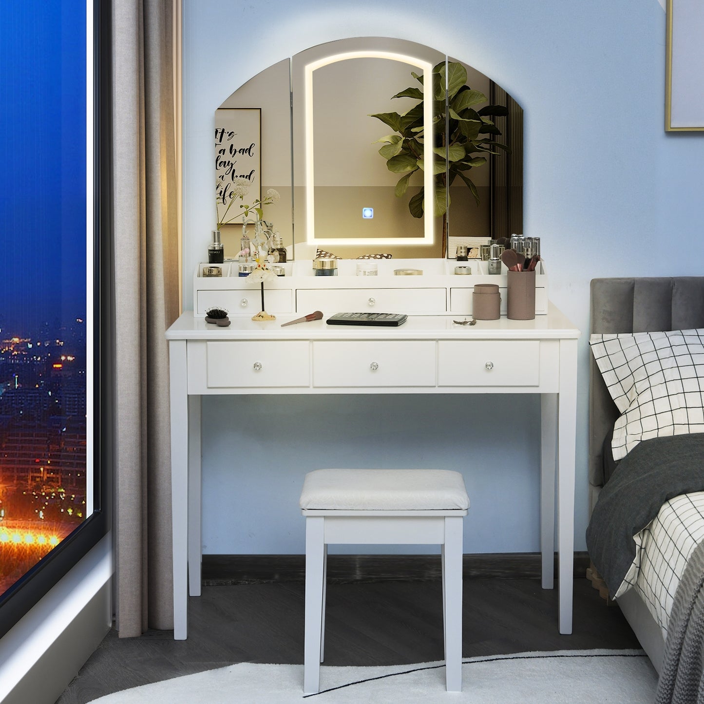 Tri-Fold Lighted Makeup Vanity Table with Stool Set
