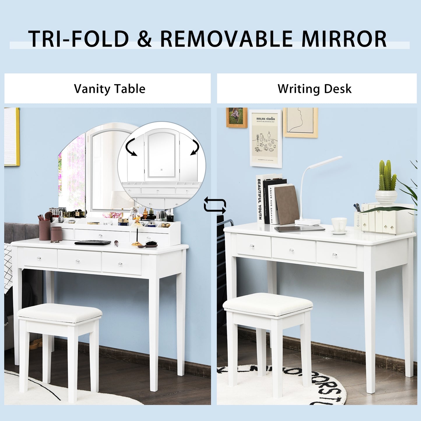 Tri-Fold Lighted Makeup Vanity Table with Stool Set