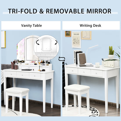 Tri-Fold Lighted Makeup Vanity Table with Stool Set