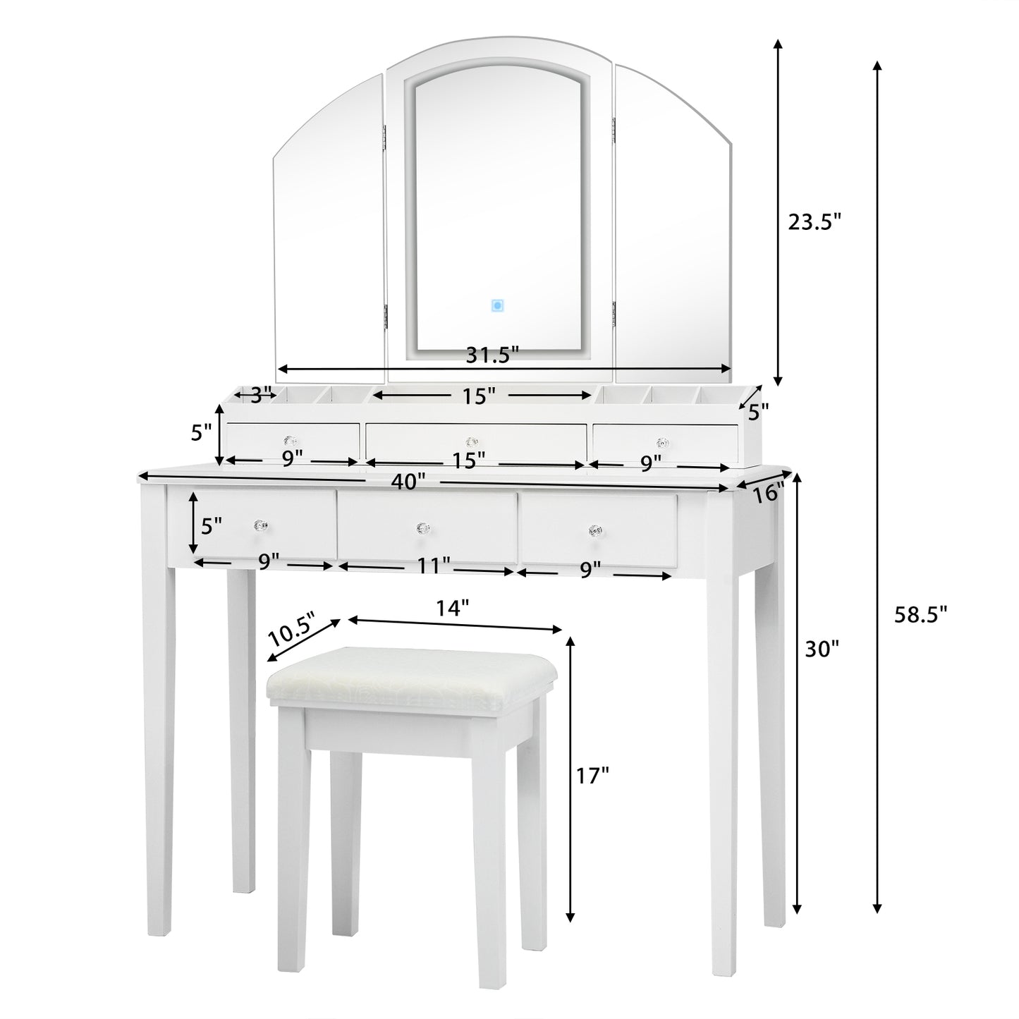 Tri-Fold Lighted Makeup Vanity Table with Stool Set